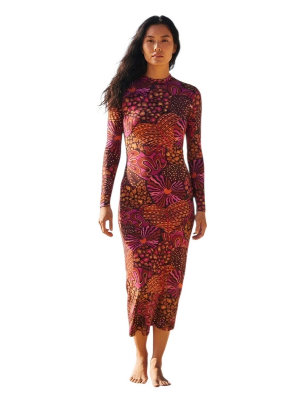 Farm Rio Womens Colorful Leopard Hearts Long Sleeve Midi Dress Medium